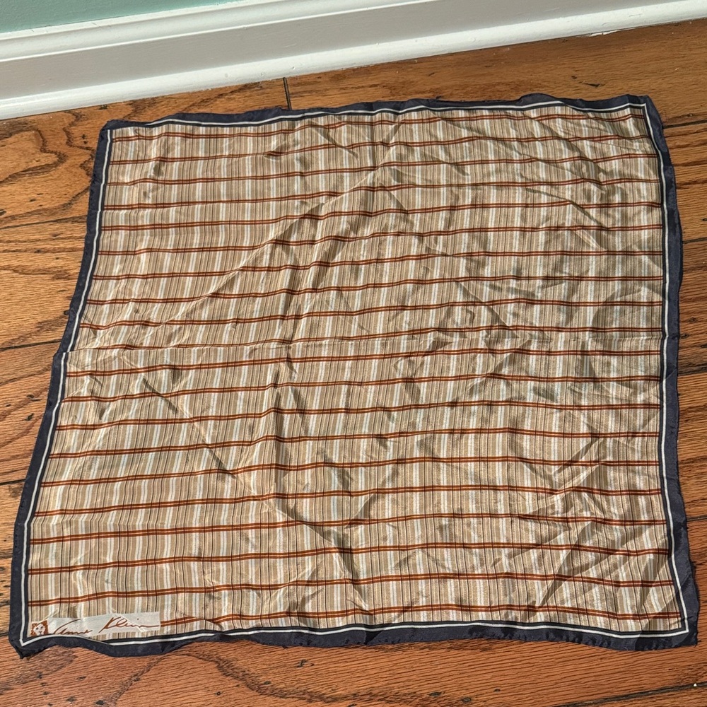 Beige / brown plaid Silk Scarf with Navy Border